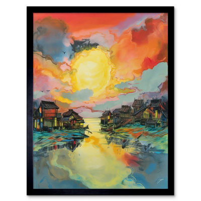 Artery8 Framed Wall Art Atmospheric Clouds Over Mono Lake Fishing Village At Dawn Modern Watercolour Painting12X16 Inch from B&Q