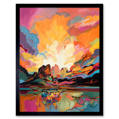 Artery8 Framed Wall Art Atmospheric Sunset Clouds Vibrant Colour Lakescape Modern Watercolour Painting12X16 Inch from B&Q