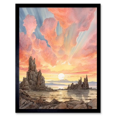 Artery8 Framed Wall Art Mono Lake Atmospheric Clouds At Dawn Break Modern Watercolour Painting12X16 Inch from B&Q