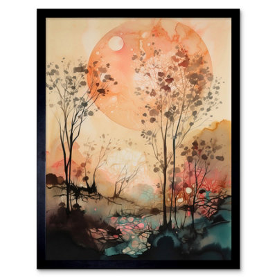 B&Q -  Framed Wall Art Misty Riverside Trees Sunset Landscape Modern Boho Watercolour Painting12X16 Inch