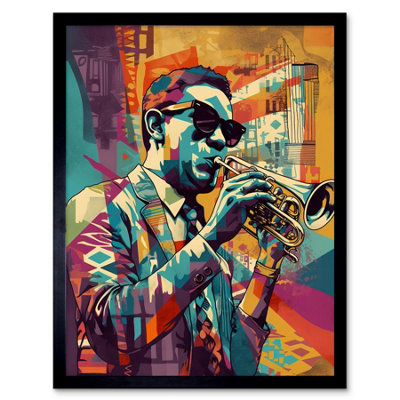 B&Q -  Framed Wall Art Trumpet Player Jazz Musician With Sunglasses Modern Colour Linocut12X16 Inch