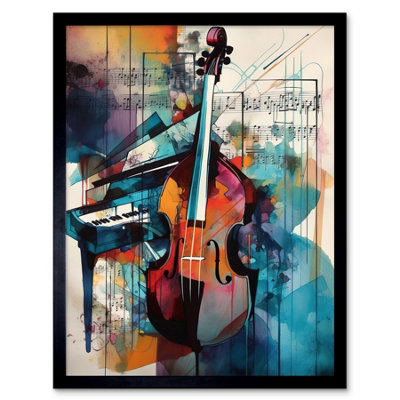 B&Q -  Framed Wall Art Violin And Piano Classical Music Note Melody Concerto Abstract Modern Watercolour Painting12X16 Inch