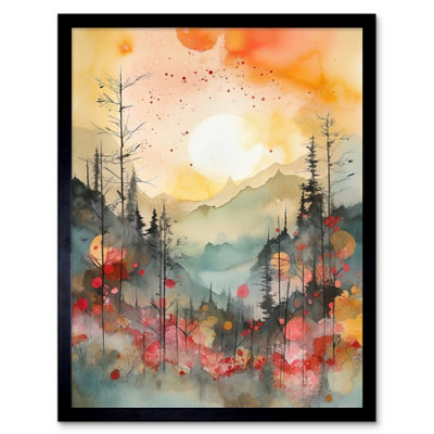 Artery8 Framed Wall Art Sunrise Over Misty Mountain Forest Landscape Modern Watercolour Painting12X16 Inch from B&Q