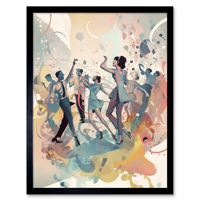 B&Q -  Framed Wall Art People Dancing To Music On The Dancefloor Modern Soft Pastel Watercolour Painting12X16 Inch