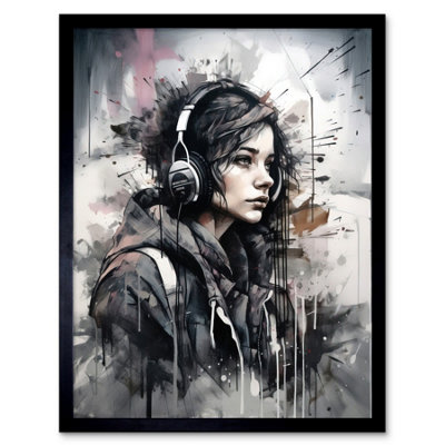 B&Q -  Framed Wall Art Teenager Girl In Black Hoodie Listening To Music Through Headphones Modern Watercolour12X16 Inch