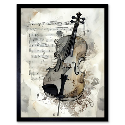 Artery8 Framed Wall Art Violin Instrument And Sheet Music Modern Monochrome Watercolour12X16 Inch from B&Q