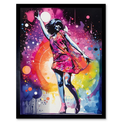 B&Q -  Framed Wall Art Disco Music Fever Dance Moves Woman In Rainbow Dancefloor Light Modern Watercolour Painting12X16 Inch