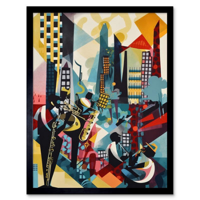 Artery8 Framed Wall Art Jazz Musicians Playing On An Urban Landscape Rooftop Abstract Modern Watercolour12X16 Inch from B&Q