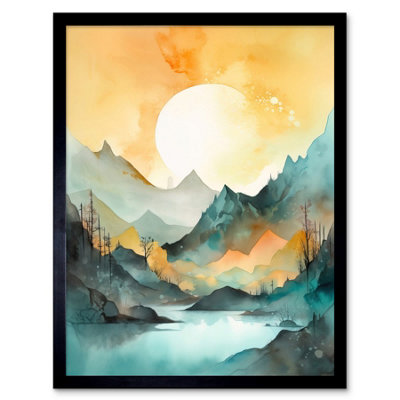 Artery8 Sunrise Mountain Lakeside Landscape Pastel Watercolour Framed Wall Art Print from B&Q