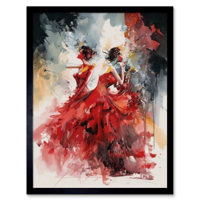 Artery8 Framed Wall Art Flamenco Music Female Dancers Dancing On Stage In Red Dresses Modern Watercolour Painting12X16 Inch from B&Q