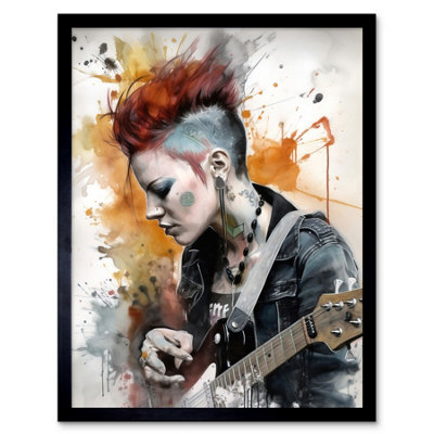 Artery8 Framed Wall Art Edgy Young Punk Woman With Mohawk And Electric Guitar Modern Watercolour Painting12X16 Inch from B&Q