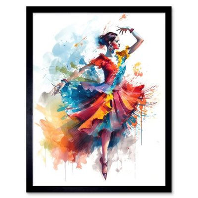Artery8 Framed Wall Art Flamenco Dancer In Motion Rainbow Colour Dress Dance Modern Watercolour Painting12X16 Inch from B&Q