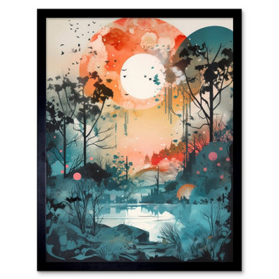 Artery8 Framed Wall Art Lakeside Forest Landscape Peaceful Sunrise Morning Modern Watercolour Painting12X16 Inch from B&Q