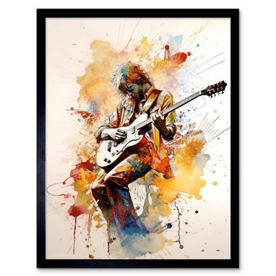 Artery8 Framed Wall Art Guitarist Musician Playing Solo On Electric Guitar Modern Watercolour12X16 Inch from B&Q