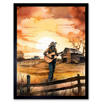 B&Q -  Framed Wall Art Man Playing Country Music Guitar In Countryside Farm On Sunset Modern Watercolour Painting12X16 Inch