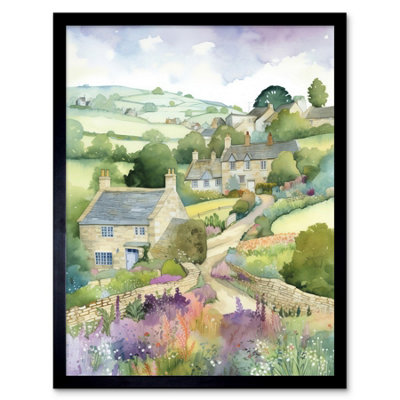 Artery8 Framed Wall Art Countryside Spring Landscape With Cottages Modern Watercolour Painting12X16 Inch