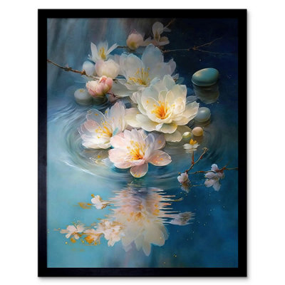 Artery8 Framed Wall Art Fallen Cherry Blossom Flower Water Ripples Modern Watercolour Painting12X16 Inch from B&Q