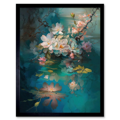 Artery8 Framed Wall Art Low Hanging Cherry Blossom Branch In River Stream Modern Watercolour Painting12X16 Inch from B&Q