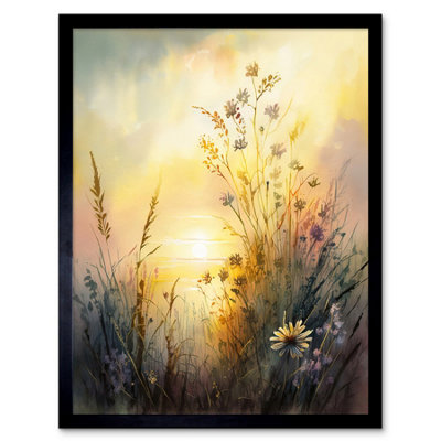 Artery8 Framed Wall Art Wildflower By Lakeside On A Misty Morning Sunrise Modern Watercolour Painting12X16 Inch from B&Q