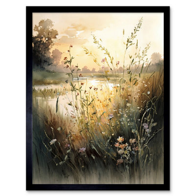 Artery8 Framed Wall Art Serene Lakeside Landscape With Wildflowers At Dawn Modern Watercolour Painting12X16 Inch from B&Q