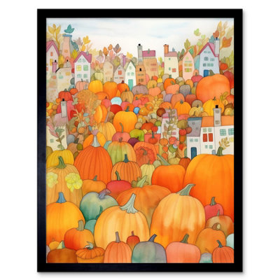 Artery8 Framed Wall Art Halloween Pumpkin Festival Autumn Harvest Modern Folk Art Watercolour Painting12X16 Inch from B&Q