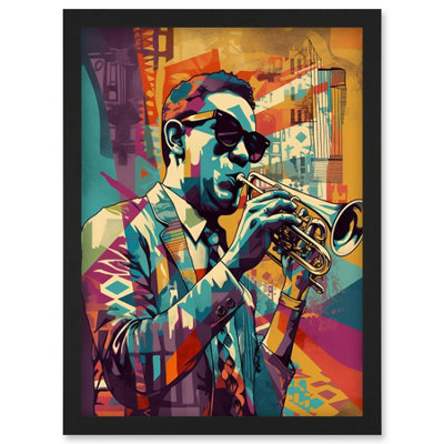 B&Q -  Trumpet Player Jazz Musician With Sunglasses Modern Colour Linocut Print Wall Art PrintA4 Size