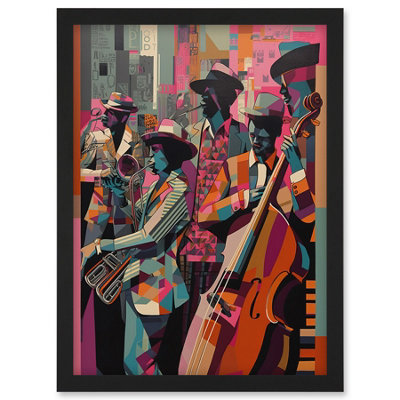 B&Q -  New Orleans Jazz Festival Musicians Warming Up In The City Street Abstract Modern Painting Wall Art PrintA4 Size