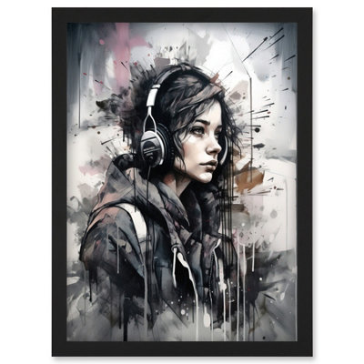 B&Q -  Teenager Girl In Black Hoodie Listening To Music Through Headphones Modern Watercolour Painting Wall Art PrintA4 Size