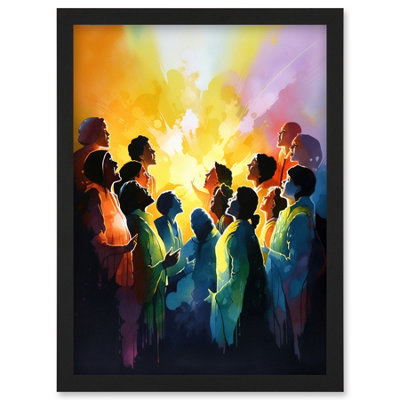 Artery8 Choir Women Singing By Bonfire Modern Rainbow Colour Watercolour Painting Wall Art Print - A4 Size