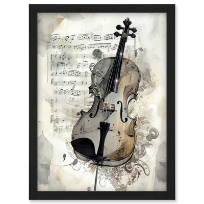 Artery8 Violin Instrument And Sheet Music Modern Monochrome Watercolour Illustration Wall Art PrintA4 Size from B&Q