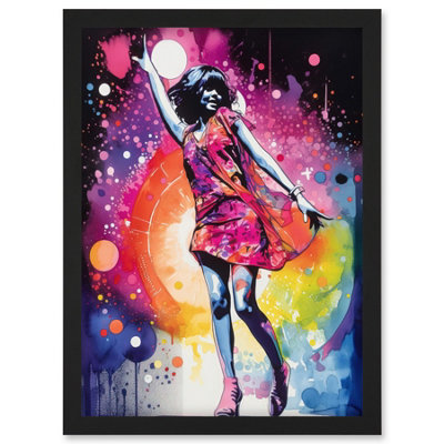 B&Q -  Disco Music Fever Dance Moves Woman In Rainbow Dancefloor Light Modern Watercolour Painting Wall Art PrintA4 Size