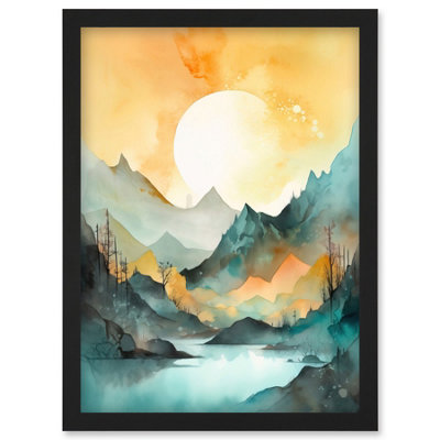 B&Q -  Sun Rising Over Mountain Lakeside Landscape Modern Pastel Teal And Orange Watercolour Painting Wall Art PrintA4 Size