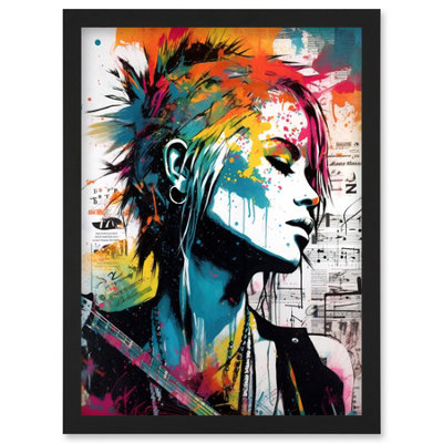 Artery8 Emo Woman Electric Guitar Sheet Music Upcycle Art Splatter Paint Modern Painting Wall Art PrintA4 Size from B&Q