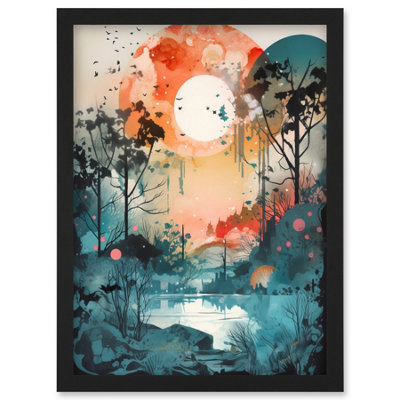 B&Q -  Lakeside Forest Landscape Peaceful Sunrise Morning Modern Watercolour Painting Wall Art PrintA4 Size