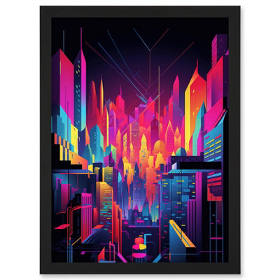 Artery8 Neon Light Colour Abstract Metropolis Cityscape At Night Modern Artwork Wall Art PrintA4 Size from B&Q