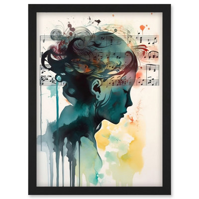 Artery8 Music On My Mind Singing In My Head Modern Portrait Watercolour Illustration Wall Art PrintA4 Size from B&Q
