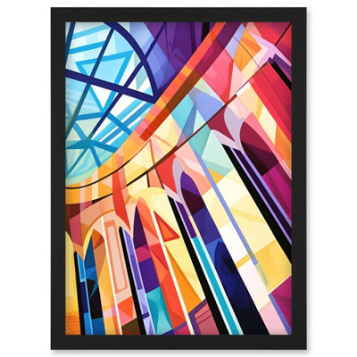 B&Q -  Building With Glass Roof Modern Art Deco Colour Block Modern Watercolour Painting Wall Art PrintA4 Size