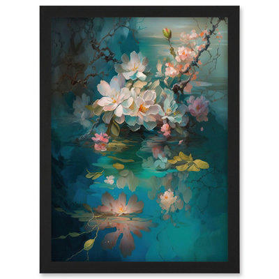 Artery8 Low Hanging Cherry Blossom Branch In River Stream Modern Watercolour Painting Wall Art PrintA4 Size from B&Q