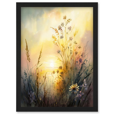 Artery8 Wildflower By Lakeside On A Misty Morning Sunrise Modern Watercolour Painting Wall Art PrintA4 Size from B&Q