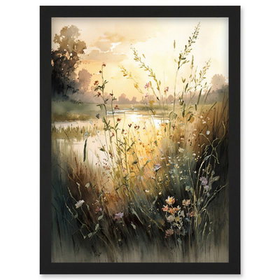 Artery8 Serene Lakeside Landscape With Wildflowers At Dawn Modern Watercolour Painting Wall Art Print - A4 Size