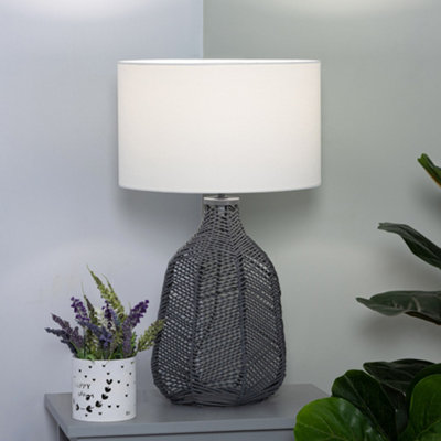 B&Q -  Rattan Grey 1 Light Table Lamp With White Fabric Shade - Image 3
