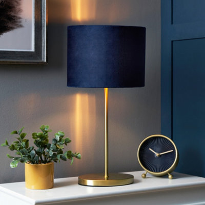 Litecraft Oval Brass Stick Table Lamp With Blue Velvet Shade from B&Q