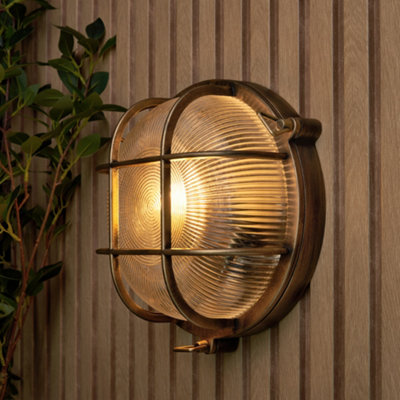 Litecraft Remy Gold Outdoor Caged Round Bulkhead Wall Light from B&Q