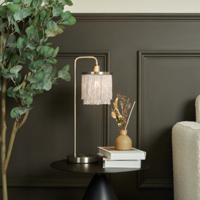 B&Q -  Polly 1 Light Grey Fringed Table LampSatin Nickel