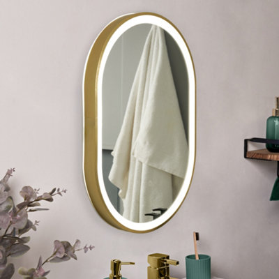 Litecraft Aves Satin Brass Led Oval Cct Bathroom Mirror With Touch Demist