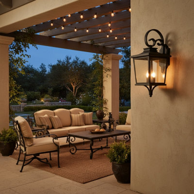 Litecraft Viktor Black Oversized Seeded Glass Outdoor Lantern Wall Light from B&Q