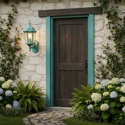 Litecraft Deonte Verdigris Large Seeded Glass Outdoor Lantern Wall Light from B&Q