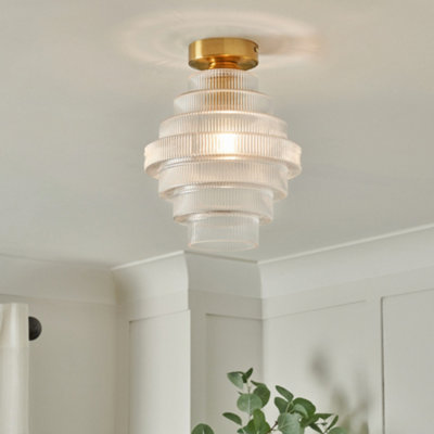 B&Q -  Louisa Satin Brass Ribbed Glass Flush Ceiling Light