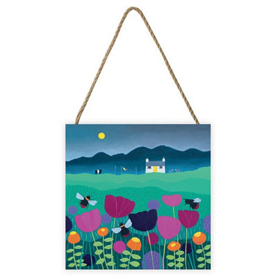  - Ailsa Black Summer Meadow Wooden Print Blue/green/pink (20Cm X 20Cm X 2.7Cm)