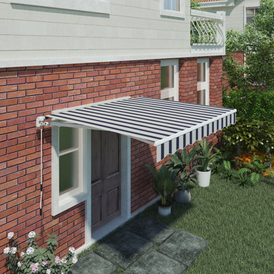 B&Q -  3 X 2.5M Manual Awning Retractable Garden Patio Canopy Sun Shade Shelter With Fittings And Crank Handle Blue-White